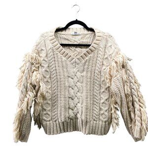 HL Affair Cable Knit Sweater Womens M Chunky Fringe V-Neck Cream Wool Blend